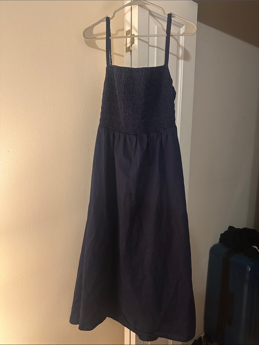 Navy Smocked Bodice A-Line Skirt with Cut out back